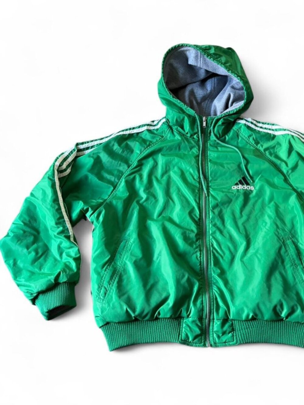 vintage 1990s (90s) Adidas reversible hooded jacket. Coat bright spartan green